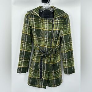 Mac & Jac Green Plaid Belted Coat Asymmetrical Zip Snap Front Jacket Size XS